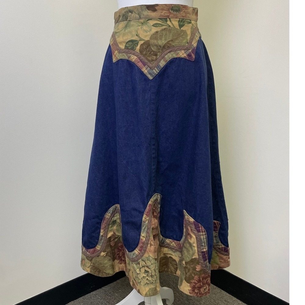 Vintage Boho Western Denim Maxi Skirt XS-S Floral Patchwork USA Country Cowgirl